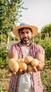 Organic vegetables. Fresh potatoes in the hands of male farmer. Cheerful man Royalty Free Stock Photo