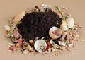 Rganic waste, heap of biodegradable vegetable compost with decomposed organic matter on top