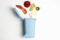 Organic waste and trash can on white background, the concept of garbage sorting Royalty Free Stock Photo