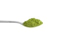 Organic wheatgrass or barley grass powder in steel tea spoon isolated on white. Detox superfood measuring Royalty Free Stock Photo