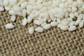 Organic white sticky rice with burlap background Royalty Free Stock Photo