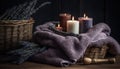 Organic wicker basket holds scented candles for spa relaxation therapy generated by AI