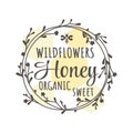 Organic and wild honey label with floral doodle wreath Royalty Free Stock Photo