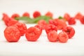 Out of focus , blurred photograph, water apples on white background.