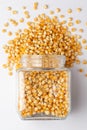 Organic yellow corn seed or maize Zea mays, spilled and in a glass jar.