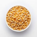 Organic yellow corn seed or maize Zea mays in white ceramic seed. T