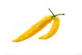 Organic Yellow hot chili peppers Sarit Gat with green stem.