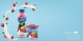 Organic yogurt with cherry, bottle and jar design, commercial vector advertising mock-up. Beverage product packaging