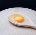 Organic yolk egg resting in wooden spoon on a Chopping Wood