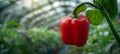 Organically cultivated ripe bell pepper flourishing in optimal greenhouse environment