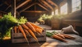 Organically produced and harvested vegetables and fruits from the farm. carrots in wooden crates and sacks.