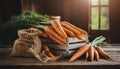 Organically produced and harvested vegetables and fruits from the farm. carrots in wooden crates and sacks.