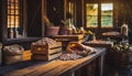 Organically produced and harvested vegetables and fruits from the farm. Fresh Dry beans in wooden crates and sacks. Royalty Free Stock Photo