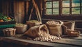 Organically produced and harvested vegetables and fruits from the farm. Fresh Dry beans in wooden crates and sacks. Royalty Free Stock Photo