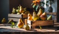 Organically produced and harvested vegetables and fruits from the farm. Fresh pears in wooden crates and sacks. Royalty Free Stock Photo