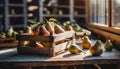 Organically produced and harvested vegetables and fruits from the farm. Fresh pears in wooden crates and sacks. Royalty Free Stock Photo
