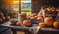 Organically produced and harvested vegetables and fruits from the farm. Fresh pumpkins in wooden crates and sacks. Royalty Free Stock Photo