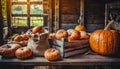 Organically produced and harvested vegetables and fruits from the farm. Fresh pumpkins in wooden crates and sacks. Royalty Free Stock Photo