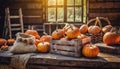 Organically produced and harvested vegetables and fruits from the farm. Fresh pumpkins in wooden crates and sacks. Royalty Free Stock Photo