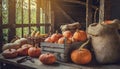 Organically produced and harvested vegetables and fruits from the farm. Fresh pumpkins in wooden crates and sacks. Royalty Free Stock Photo