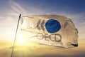 Organisation for Economic Co-operation and Development OECD flag textile cloth fabric waving on the top sunrise mist fog