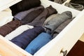 Organised wardrobe, rolling shirts is the trick