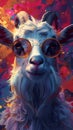 Closeup painting of a wild goat in electric blue sunglasses and headphones Royalty Free Stock Photo
