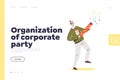 Organization of corporate party landing page with man hold cracker at new year celebration event Royalty Free Stock Photo