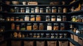 Organization of food storage. Cozy pantry with glass jars and wicker baskets. Dark colour palette. Generative AI