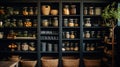 Organization of food storage. Cozy pantry with glass jars and wicker baskets. Dark colour palette. Generative AI Royalty Free Stock Photo