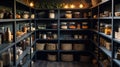 Organization of food storage. Cozy pantry with glass jars and wicker baskets. Dark colour palette. Generative AI