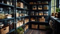 Organization of food storage. Cozy pantry with glass jars and wicker baskets. Dark colour palette. Generative AI Royalty Free Stock Photo