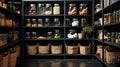 Organization of food storage. Cozy pantry with glass jars and wicker baskets. Dark colour palette. Generative AI Royalty Free Stock Photo