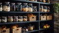 Organization of food storage. Cozy pantry with glass jars and wicker baskets. Dark colour palette. Generative AI Royalty Free Stock Photo