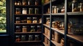 Organization of food storage. Cozy pantry with glass jars and wicker baskets. Dark colour palette. Generative AI Royalty Free Stock Photo