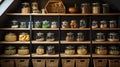 Organization of food storage. Cozy pantry with glass jars and wicker baskets. Dark colour palette. Generative AI Royalty Free Stock Photo