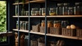 Organization of food storage. Cozy pantry with glass jars and wicker baskets. Dark colour palette. Generative AI Royalty Free Stock Photo