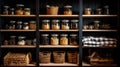 Organization of food storage. Cozy pantry with glass jars and wicker baskets. Dark colour palette. Generative AI Royalty Free Stock Photo