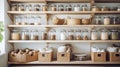 Organization of food storage. Cozy pantry with glass jars and wicker baskets. Light colour palette. Generative AI