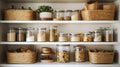 Organization of food storage. Cozy pantry with glass jars and wicker baskets. Light colour palette. Generative AI