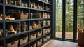 Organization of food storage. Cozy pantry with glass jars and wicker baskets. Light colour palette. Generative AI