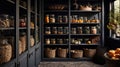 Organization of food storage. Cozy pantry with glass jars and wicker baskets. Light colour palette. Generative AI