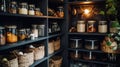 Organization of food storage. Cozy pantry with glass jars and wicker baskets. Light colour palette. Generative AI