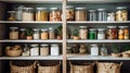 Organization of food storage. Cozy pantry with glass jars and wicker baskets. Light colour palette. Generative AI