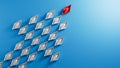 Organization, Leadership and Teamwork concepts, RED paper boat group flying with arrow.3D rendering on blue background