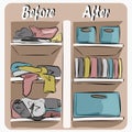 Organization of space, basic wardrobe. Before and after. Apartment cleaning, order, things on the shelves. Wardrobe with things be