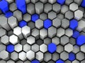 An organization where blue and gray hexagonal columns stand densely. Honeycomb structure with uneven metallic luster. 3D rendering