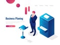 Organization of the working process isometric, work with documents, paperwork, the man thinks brainstorming, office