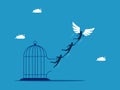 Organizational freedom. Businessman team leader with wings flying out of cage