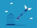 Organizational freedom. Businessman team leader with wings flying out of cage